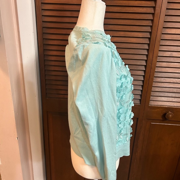 Charter Club Blue Chiffon 3D Floral Embellished Crew Neck Cardigan - Picture 4 of 9